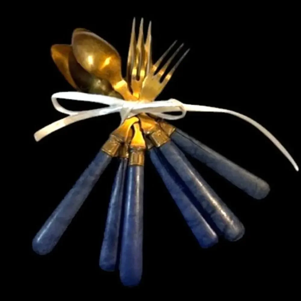 Vintage French Dessert Flatware Set Blue Marbled Handles Set of 6